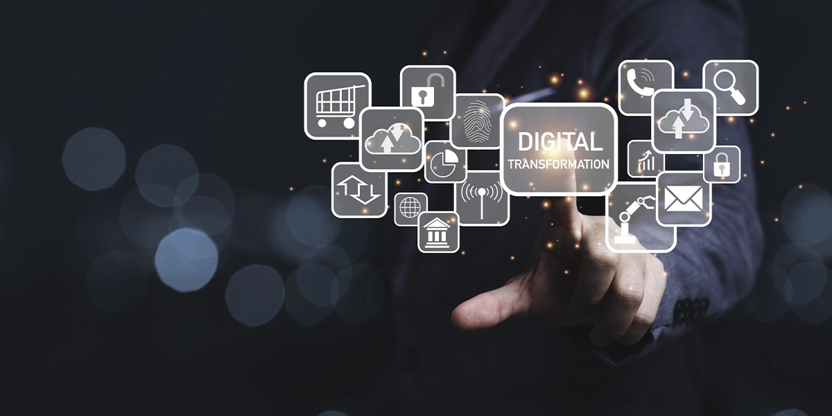 Businessperson touching digital icons symbolising digital transformation strategies enhancing UK firms’ competitive edge.