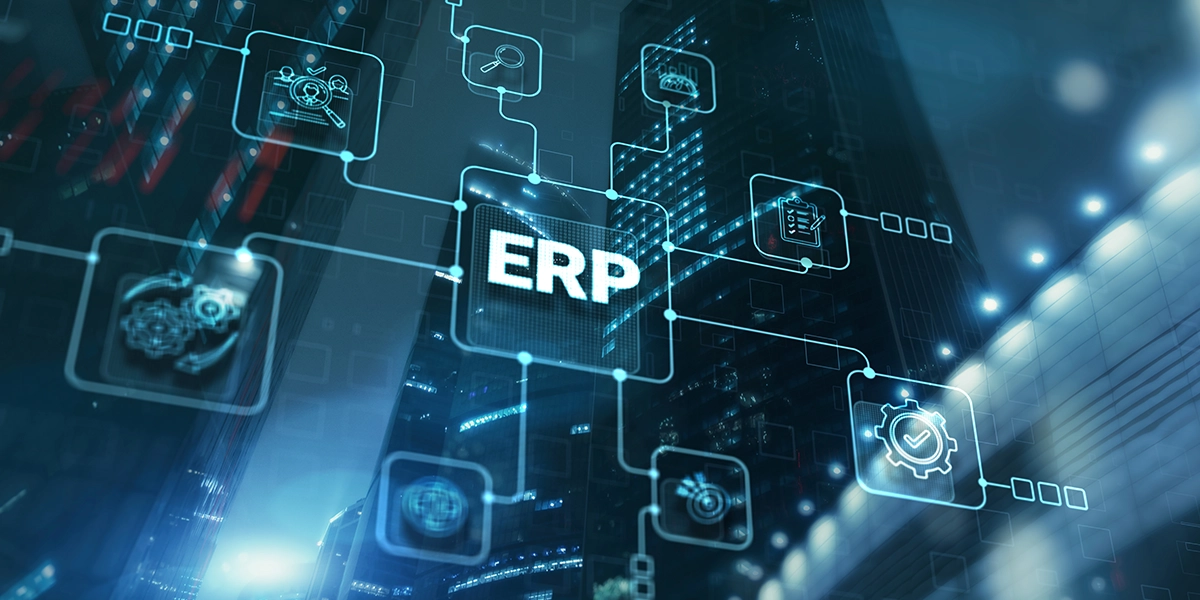 Digital interface with ERP icons over city background, illustrating modern strategies for ERP integration in business.