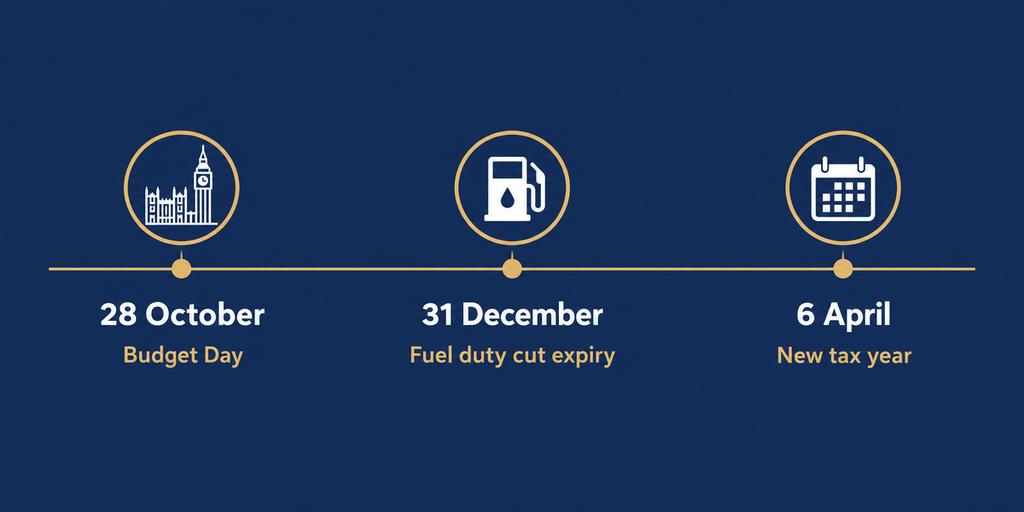 Autumn Budget 2026 timeline showing 28 October Budget day, 31 December fuel duty cut expiry and the 6 April new tax year