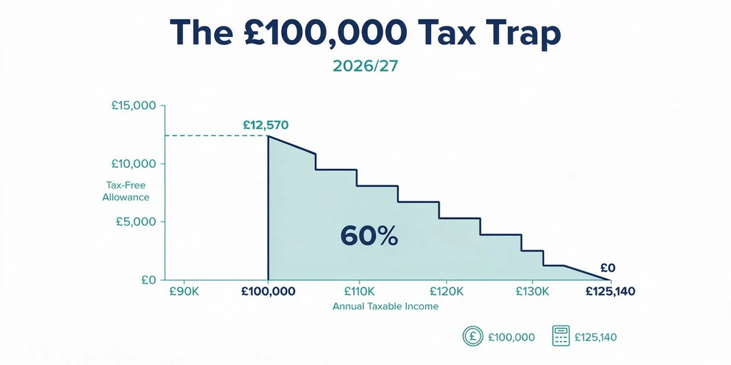 Taper chart showing the £12,570 personal allowance falling away between £100,000 and £125,140 in 2026/27, with the 60% effective marginal rate