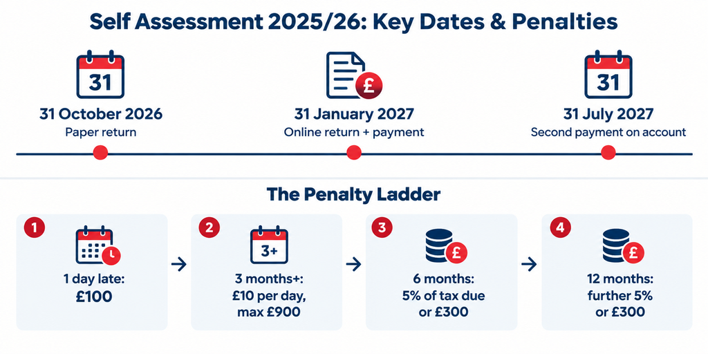 Timeline of 2025/26 Self Assessment key dates with the HMRC late filing and late payment penalty amounts at each stage